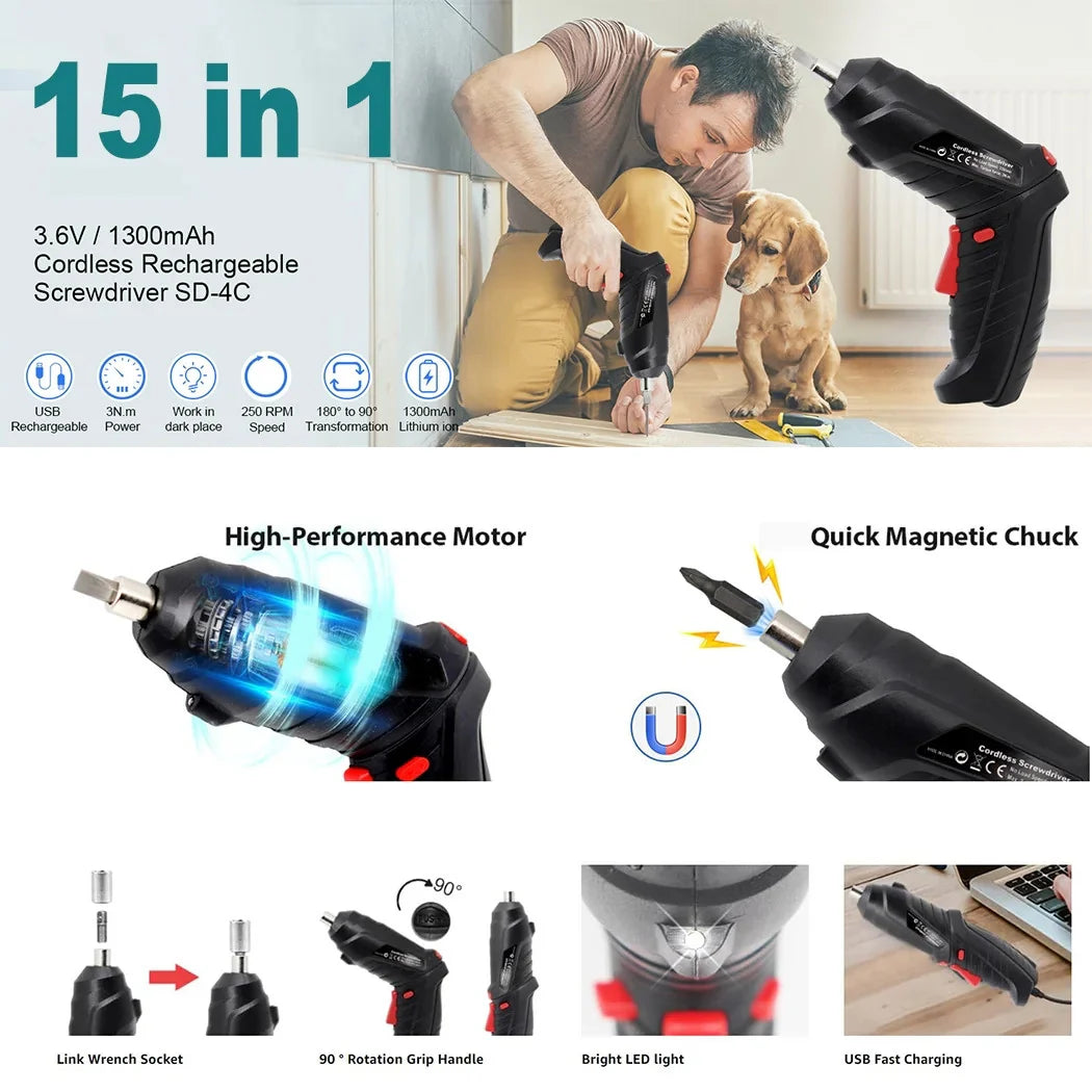 3.6V Cordless Electric Screwdriver Set USB Charging 3Nm Screw Gun with LED Light