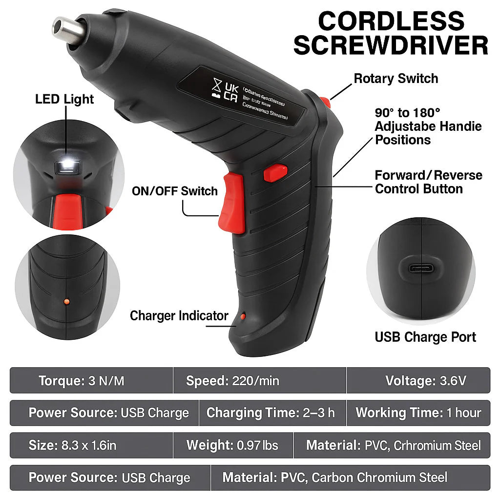 3.6V Cordless Electric Screwdriver Set USB Charging 3Nm Screw Gun with LED Light